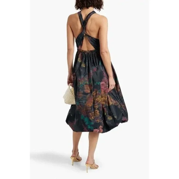 Ulla Johnson Leyna Gathered Printed Taffeta Midi Dress Floral Open Back Size 2